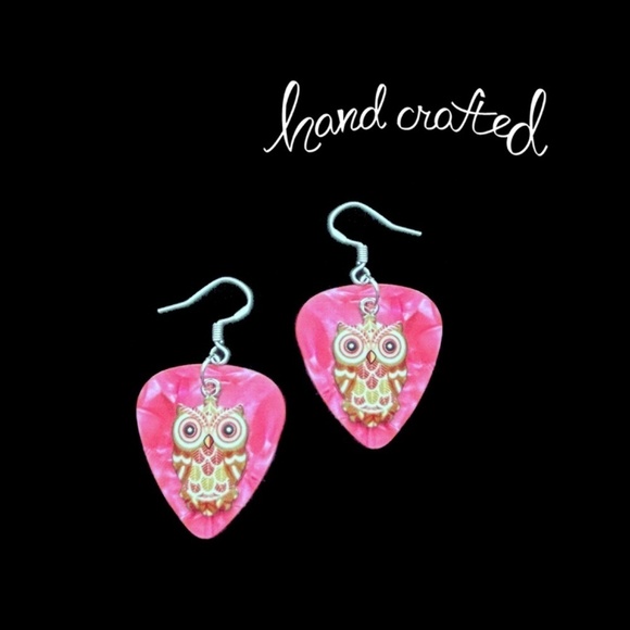 Hand Crafted Earrings Repurposed Guitar Picks Wise is the Owl Silver Plate Wires - Picture 1 of 9